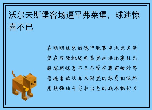沃尔夫斯堡客场逼平弗莱堡，球迷惊喜不已